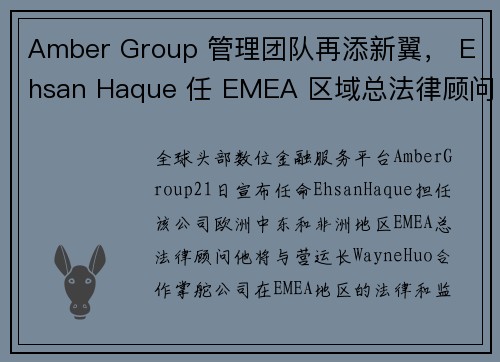 Amber Group 管理团队再添新翼， Ehsan Haque 任 EMEA 区域总法律顾问
